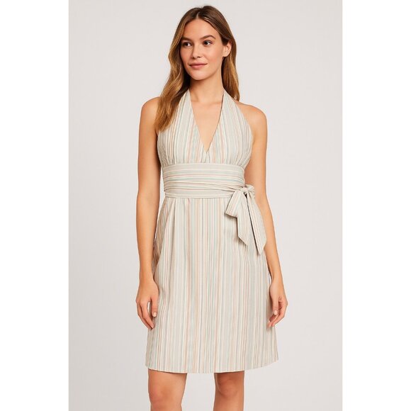 Tommy Bahama Halter Dress Size 4 | 100% Silk Striped Summer Midi | Bow Tie Waist - Picture 1 of 7